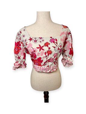 BTFL-life White Pink Floral Split Open Back Tie Crop Top Size Large